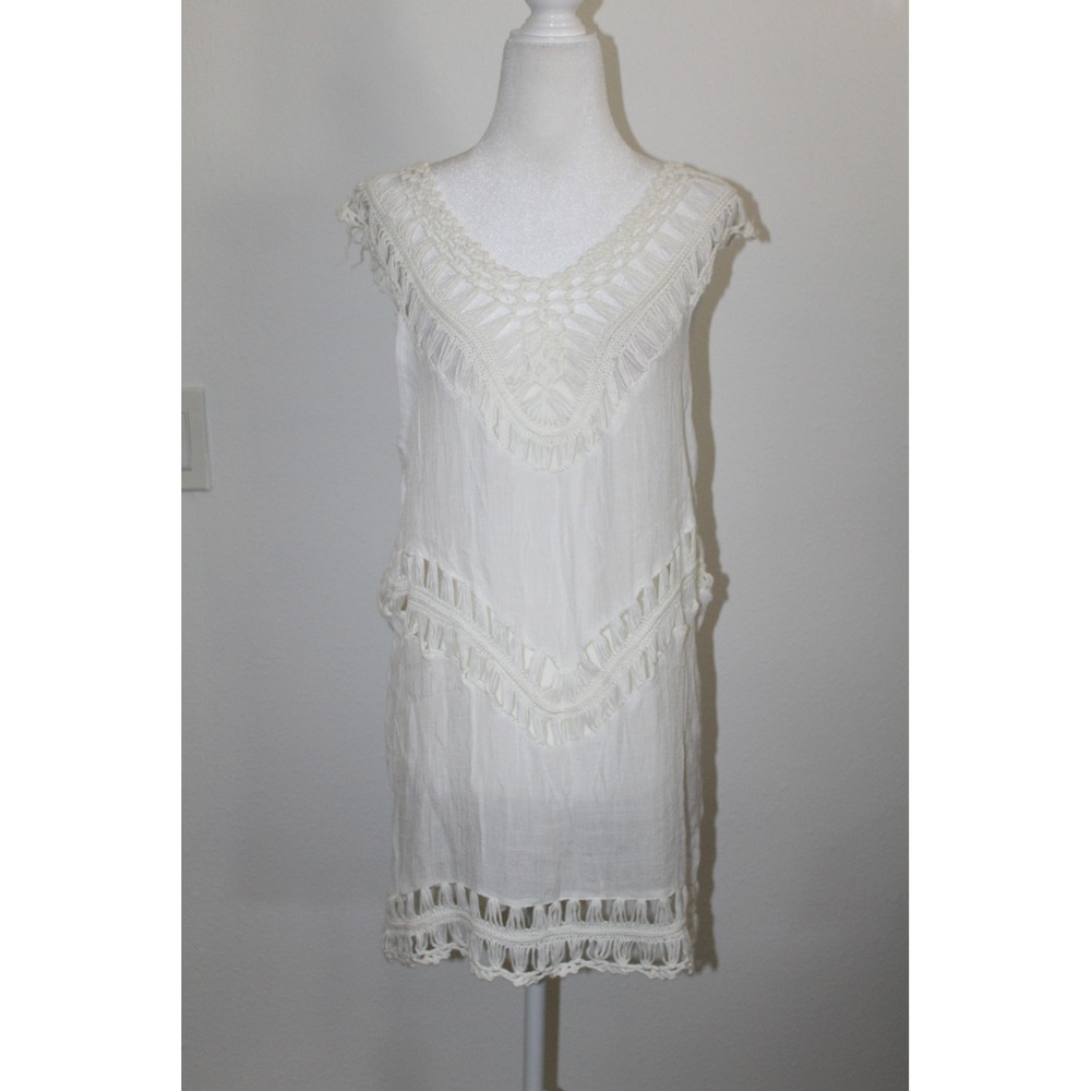 Cupshe White Crochet Lace Fringe Mini Dress Boho Beach Cover Up OS